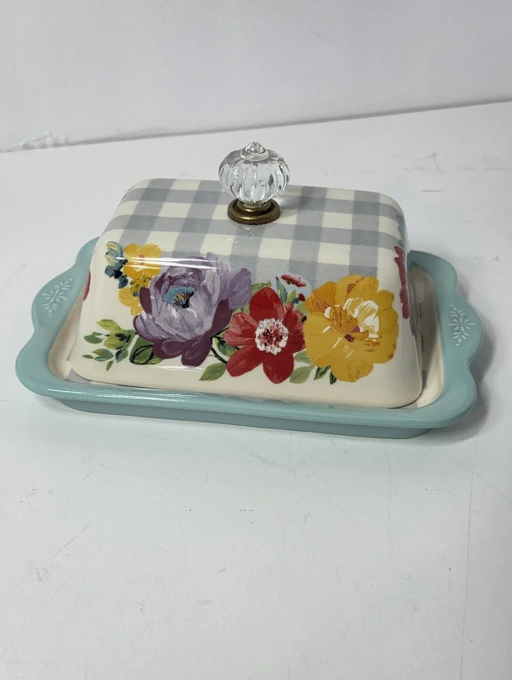 vtg pioneer women floral grey check ceramic butter dish lidded teal aqua